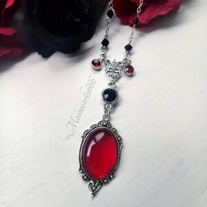 Victorian stainless steel necklace with black beads and red glass cabochon pendant, gothic jewelry, romantic gothic necklace 画像 8