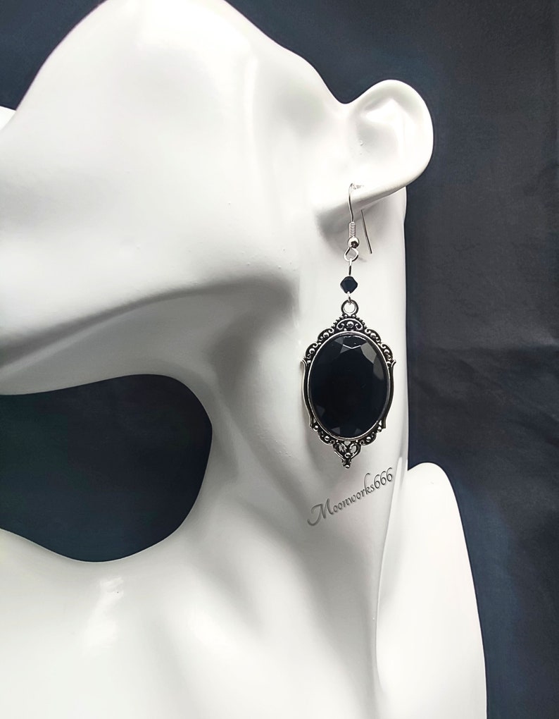 Black gothic crystal cabochon earrings, gothic jewelry, Victorian earrings image 6