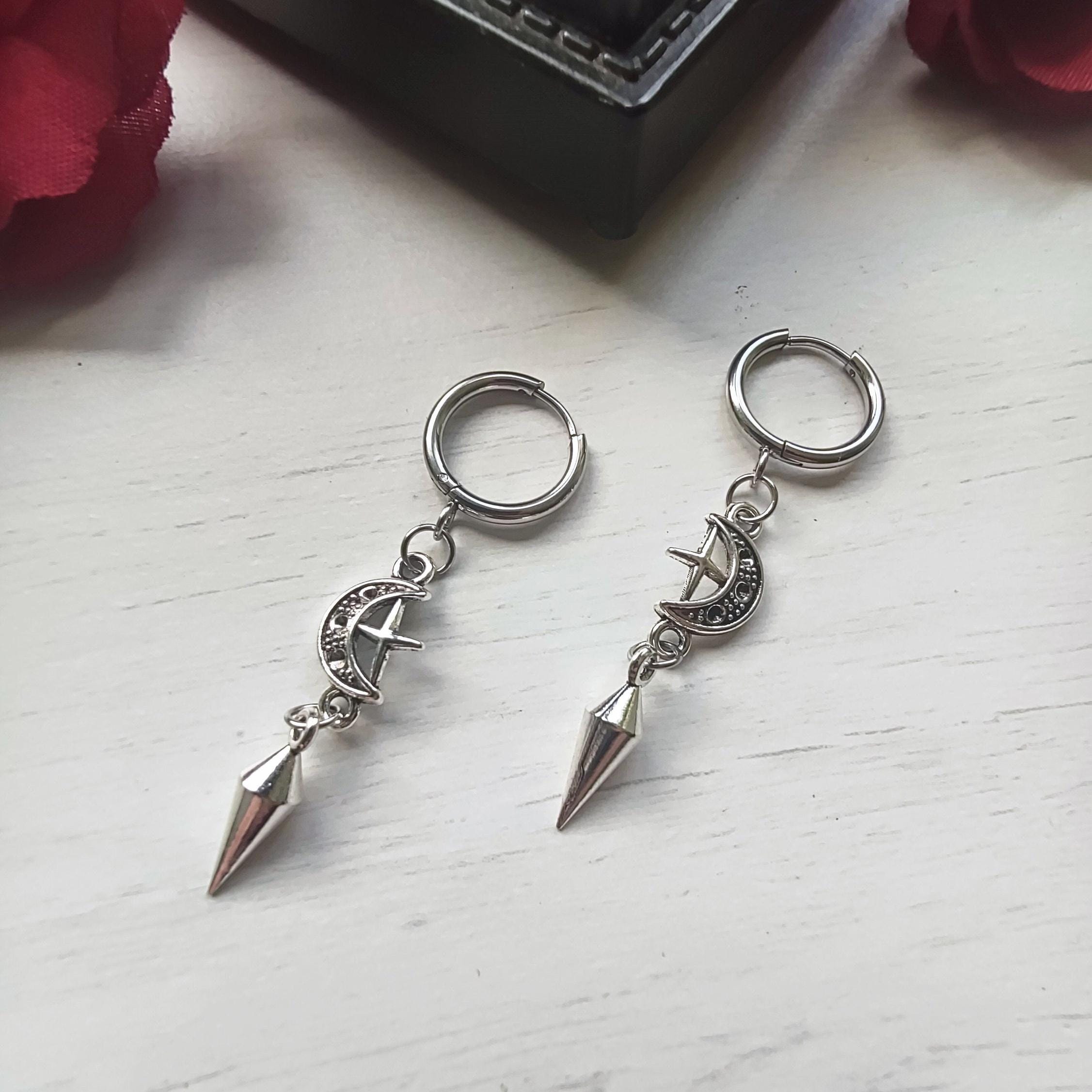 Spike earrings, moon/star hoops, punk earrings, goth earrings, gothic jewelry, huggie earrings, emo, alternative, celestial earrings