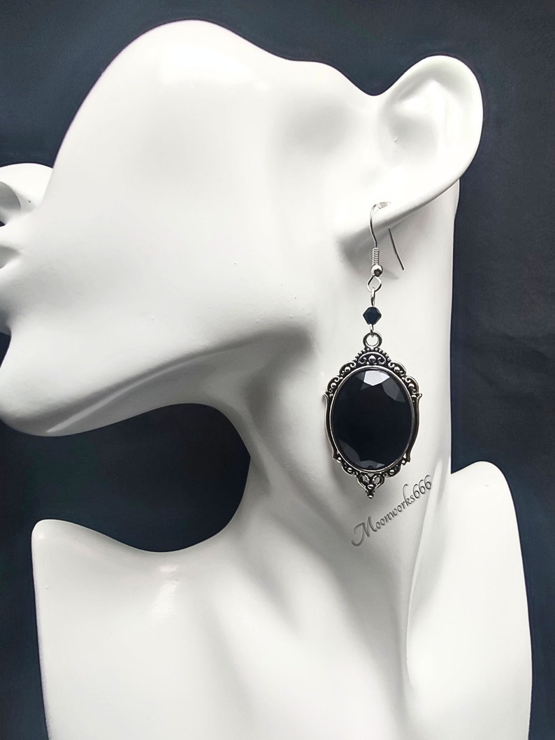 Black gothic crystal cabochon earrings, gothic jewelry, Victorian earrings image 3