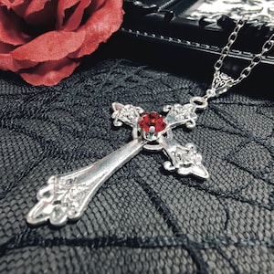 Gothic cross necklace with large cross pendant and red crystal, gothic jewelry