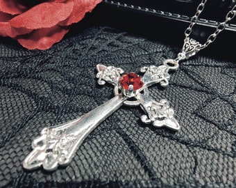 Gothic cross necklace with large cross pendant and red crystal, gothic jewelry