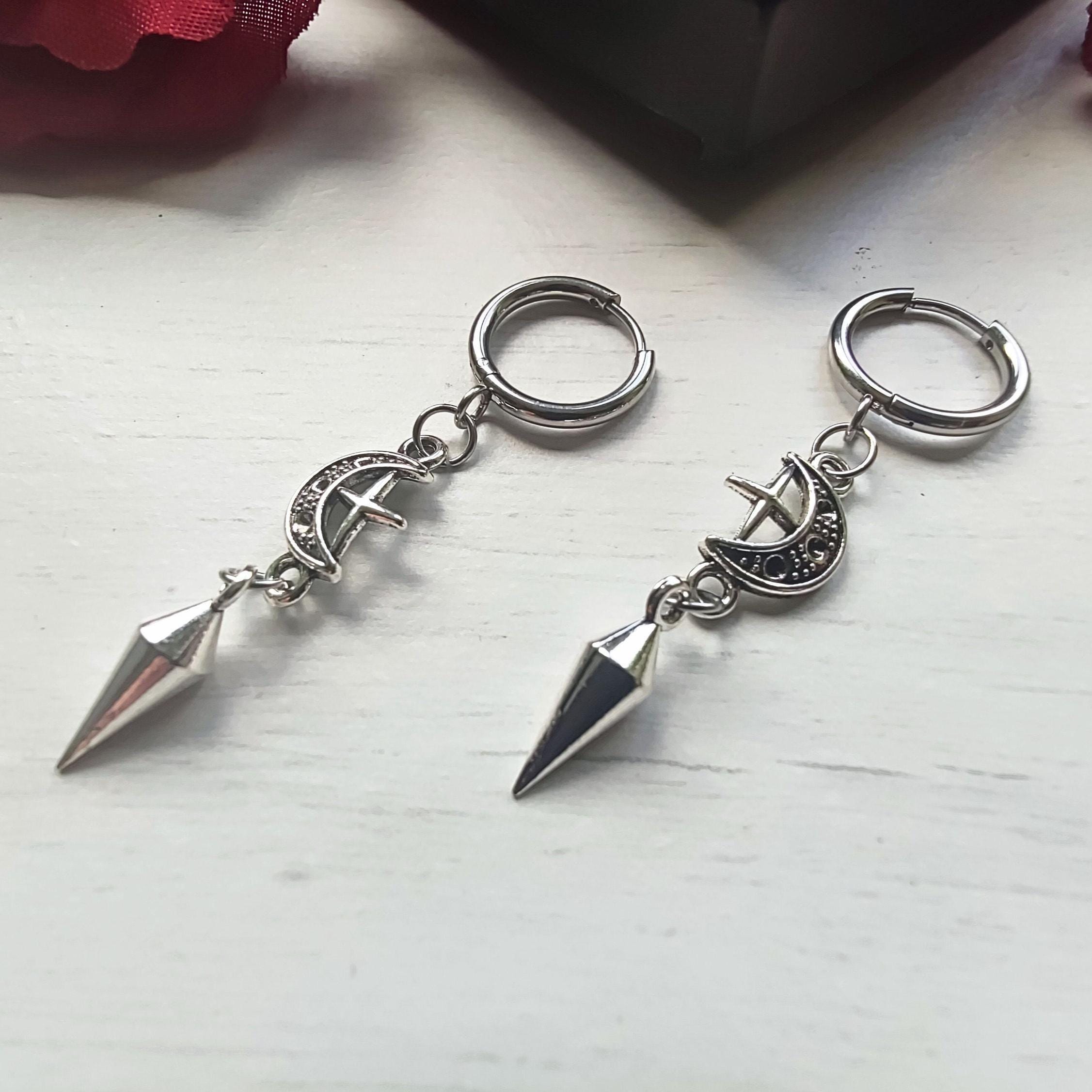 Spike earrings, moon/star hoops, punk earrings, goth earrings, gothic jewelry, huggie earrings, emo, alternative, celestial earrings