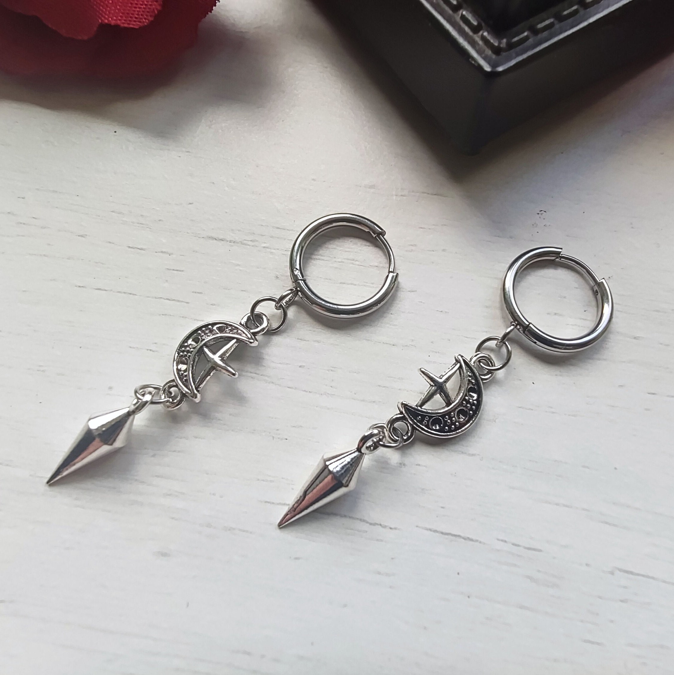 Spike earrings, moon/star hoops, punk earrings, goth earrings, gothic jewelry, huggie earrings, emo, alternative, celestial earrings