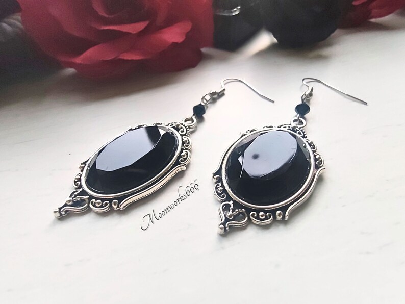 Black gothic crystal cabochon earrings, gothic jewelry, Victorian earrings image 4