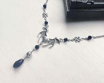 Bat stainless steel necklace with black glass beads, gothic jewellery, vampire necklace, Victorian necklace, bat pendant