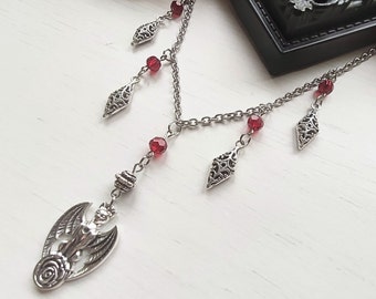 Bat stainless steel necklace with red glass beads, gothic jewelry, vampire necklace, Victorian necklace, bat pendant