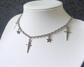 Stainless steel necklace with sword and star pendants, gothic jewelry, punk necklace, witch jewelry, celestial necklace, vampire necklace