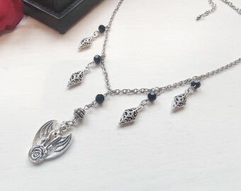 Bat stainless steel necklace with black glass beads, gothic jewelry, vampire necklace, Victorian necklace, bat pendant