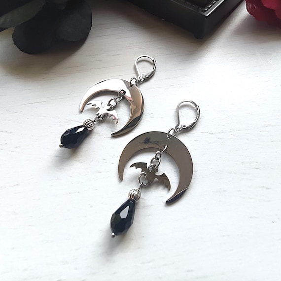 Moon Bat Earrings With Black Crystal, Gothic Jewelry, Goth