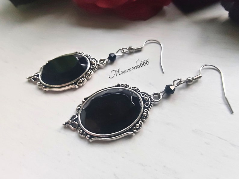 Black gothic crystal cabochon earrings, gothic jewelry, Victorian earrings image 5