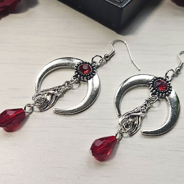 Gothic moon earrings with bat and red crystal, gothic jewelry