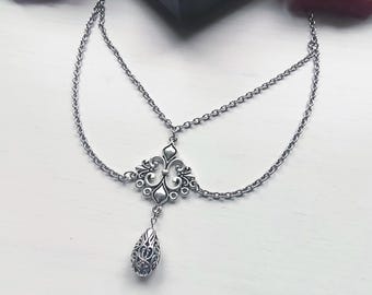 Victorian double stainless steel chain with a detailed connector and an antique pendant, gothic jewelry, romantic gothic, goth wedding