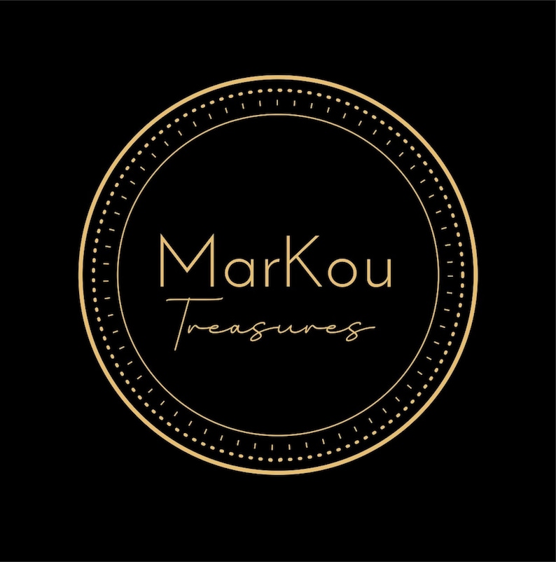 May include: A circular logo with the text "Markou Treasures" in a gold color. The text is inside a gold circle with a dotted border, set against a black background. The logo has a classic and elegant design.