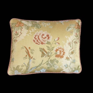 Kravet Couture PALAIS Brocade Silk Lampas Pillow Cover In Gold Bronze with Samuel & Sons ANNECY Trim with Down Feather Insert