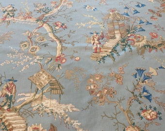 Brunschwig & Fils CHINESE LANDSCAPE Sky Blue Cotton Chinoserie Fabric Remnant