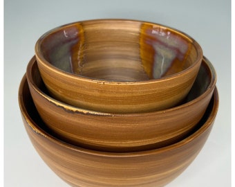 Sango Splash Brown #4951 Bowls Round Nesting Mixing Serving Stoneware Set Of 3