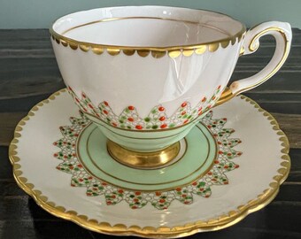Tuscan Hand Painted Green and Pink Blush Teacup and Saucer Beaded England Bone China