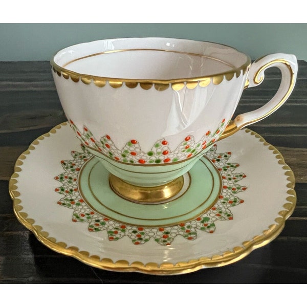 Tuscan Hand Painted Green and Pink Blush Teacup and Saucer Beaded England Bone China