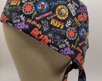Mens womens scrub cap - rock bands.  Mens and bouffant not stretchy.  Ponies and euros stretchy.   Pick style!