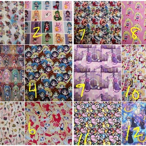 May include: A collection of twelve fabric swatches featuring various Sailor Moon character prints, including chibi figures, stained glass motifs, cityscapes with cats, magical wands, and heart patterns in vibrant colors like pink, blue, and purple.