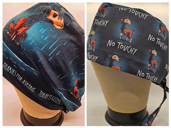 Mens womens medical Scrub Cap- no touchy/raining  llama,  don't touch me funny sassy.   Mens not stretchy.  Women's stretchy.