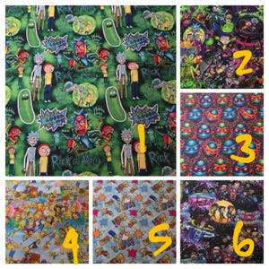 May include: Fabric swatches featuring cartoon characters from popular animated shows. The first swatch has a green background with Rick and Morty characters, including Rick, Morty, and Pickle Rick. The second swatch has a colorful, busy design with various characters. The third swatch has Teenage Mutant Ninja Turtles.