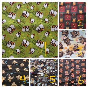 May include: A collection of six fabric swatches featuring Star Wars-themed designs. The fabrics display various characters and elements from the franchise, including Porgs, Ewoks, and other iconic figures. The color palette includes green, red, black, and blue.