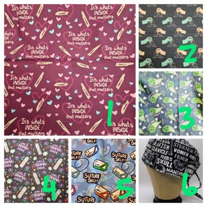 May include: Assorted fabric swatches with medical-themed patterns. Designs include text "It's what's inside that matters", scissors, hearts, and surgical tools. Other patterns feature phrases like "Suture Self" and anatomical diagrams.