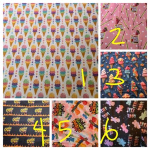 May include: A collage of six fabric patterns featuring various designs: ice cream cones on white, Slim Jim logos on pink, 3D-style ice cream treats on navy, Cheetos logos with flames on black, Sour Patch Kids logos on peach, and gummy bears on black.
