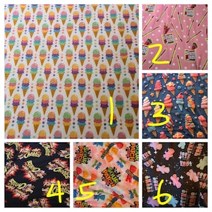 May include: Fabric featuring a repeating pattern of colourful ice cream cones on a white background. The ice cream cones have multiple scoops in various pastel colours. The cones are a light brown colour.