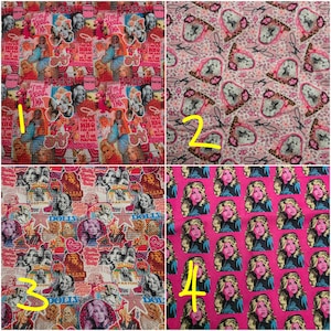 May include: A four-panel collage of patterned fabric. Panel one features pink and red Dolly Parton graphics with text. Panel two shows a pink leopard print with Dolly Parton portraits. Panel three displays Dolly Parton stickers and stars. Panel four has a repeating Dolly Parton portrait pattern on a bright pink background.