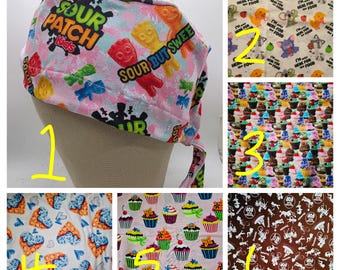 Men's women's Medical Scrub Cap - food candy sour patch tootsie cupcakes waffles. 1-3-4 stretchy, 2-5-6 not.  Choose fabric/style.