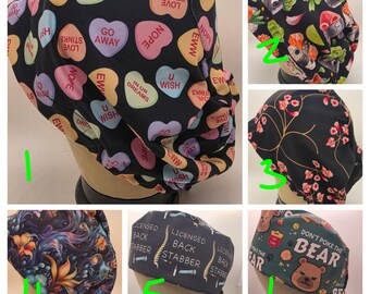 Mens womens medical scrub cap: sarcastic funny conversation hearts sushi poke bear back stabber.   Choose fabric/style.