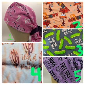 May include: Assorted scrub caps with various patterns. One is pink with the word "no!" repeated. Another features a cartoon character with the word "ANXIETY". A third has pickles and the text "KIND OF A BIG DILL". A fourth has cacti and the text "Hard to Handle". The last one is purple with the text "FREE HUGS".