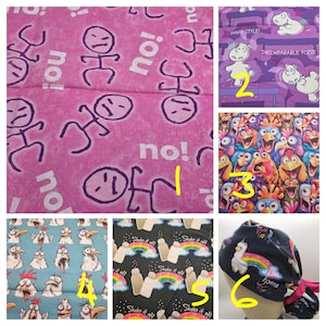May include: A collage of six fabric patterns. The first is pink with stick figures and the word "no!". The second is purple with cartoon characters and text. The third is a colorful chicken pattern. The fourth is a blue chicken pattern. The fifth is black with rainbows and bottles. The sixth is a black surgical cap with a llama and rainbow.