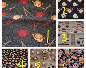 Mens/womens scrub cap - Japanese Hawaiian sushi Asian foods anime ramen dumplings.   Choose fabric/style.
