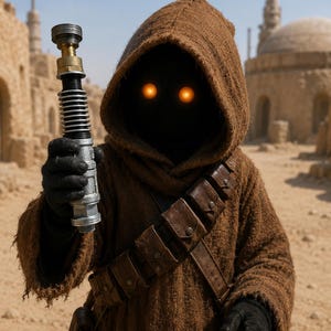 May include: A figure wearing a brown hooded robe and black gloves holds a metallic, cylindrical prop with a ribbed handle and a brass-colored top section. The figure has two glowing orange circular eyes visible within the dark, shadowed hood.