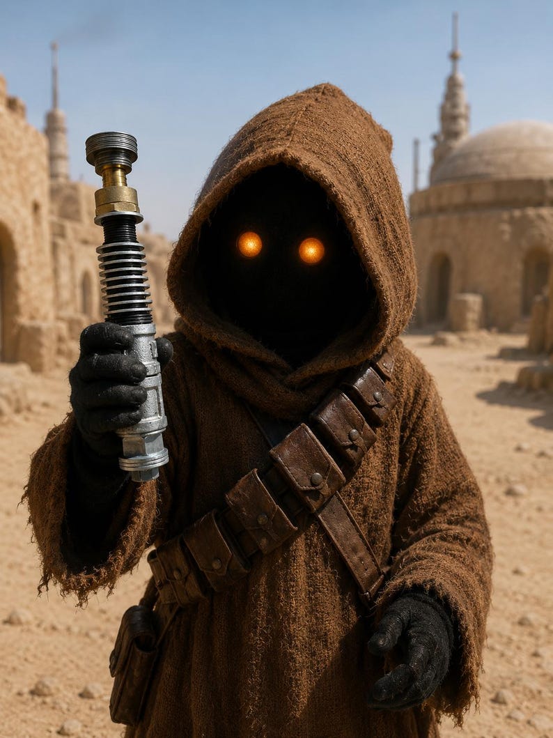 May include: A figure wearing a brown hooded robe and black gloves holds a metallic, cylindrical prop with a ribbed handle and a brass-colored top section. The figure has two glowing orange circular eyes visible within the dark, shadowed hood.