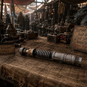 May include: A metallic cylindrical prop with a ribbed handle and brass-colored accents, resting horizontally. Nearby, a rectangular sign displays weathered, alien-style engraved text, while other mechanical components sit in the background.
