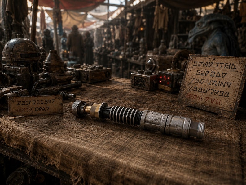 May include: A metallic cylindrical prop with a ribbed handle and brass-colored accents, resting horizontally. Nearby, a rectangular sign displays weathered, alien-style engraved text, while other mechanical components sit in the background.