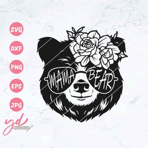 Mama Bear Svg Png | Bear Svg | Bear Face with Glasses Svg | Bear Mama Svg | Mom Life Svg | Mother&#39;s Day Svg | Mom Svg | Floral Bear Svg Png