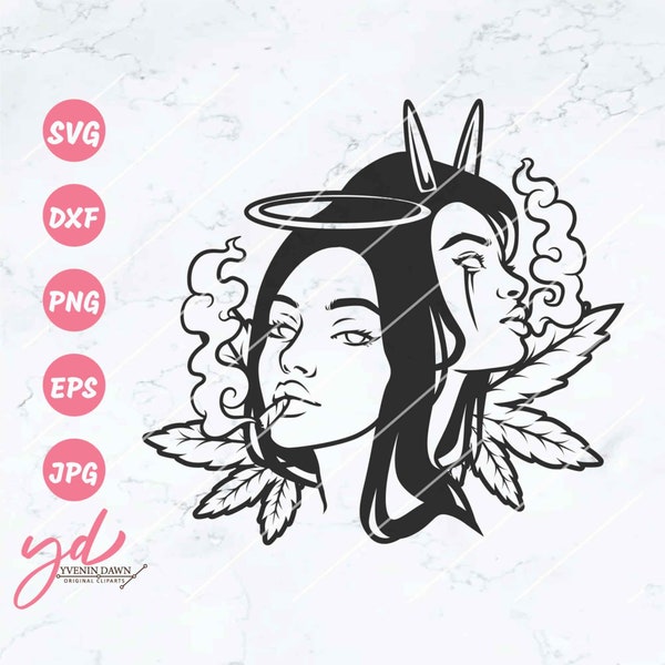 Angel Demon Smoking Weed Svg Png | Girl Woman Smoking Weed Svg | Weed Marijuana Cannabis Svg | Weed Leaf Svg | Weed Joint Svg Png Eps Dxf