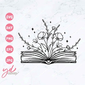 Book Svg | Flowers Growing on Book Svg | Floral Book Svg | Book Lover Svg | Bookworm Svg | Book With Flowers Svg | Library Librarian Png Eps