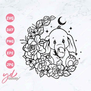 May include: A black and white illustration of a baby elephant sitting in a circle of flowers. The elephant has a crescent moon above its head and stars around it.