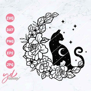 Cat Svg | Moon Cat Svg | Cat With Flowers Svg | Cat Silhouette Svg | Magical Cat Svg | Floral Cat Svg | Cat on the Moon | Mystical Cat Png