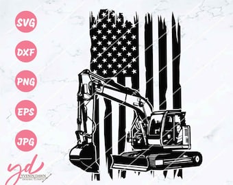 May include: Black and white silhouette of an excavator with a distressed American flag in the background. The excavator is facing right and the flag is behind it. The flag is a distressed design with a faded look.
