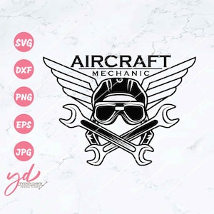 May include: Black and white illustration of an aircraft mechanic logo. The logo features a pilot's helmet with goggles, crossed wrenches, and wings. The text "AIRCRAFT MECHANIC" is above the image.