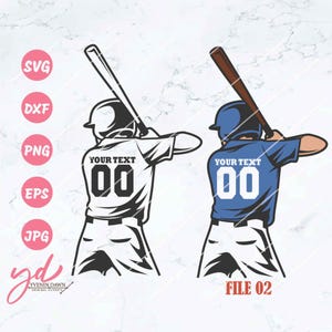 Puede incluir: Dos ilustraciones de jugadores de béisbol, uno en blanco y otro en azul, ambos con un bate de béisbol y el texto "YOUR TEXT 00" en la parte posterior de sus camisetas.