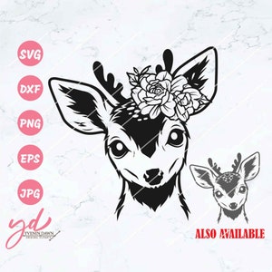 Cute Floral Deer Svg Png | Cute Deer Face Svg | Deer Svg | Baby Deer Svg | Animal Face Svg | Wild Animal Svg | Cute Deer Cutfile Png Dxf Eps